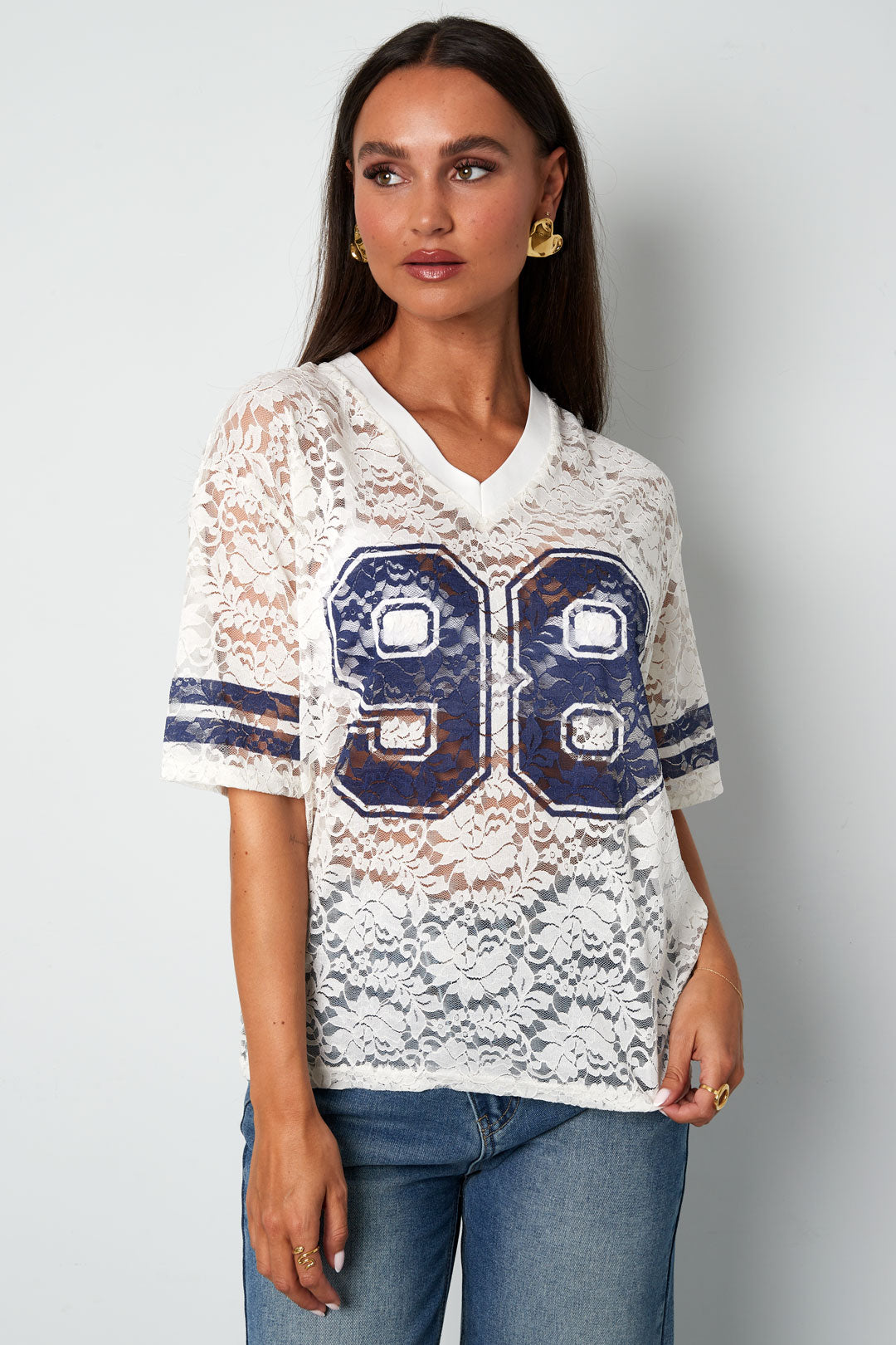 V-hals kant Amerikaans T-shirt